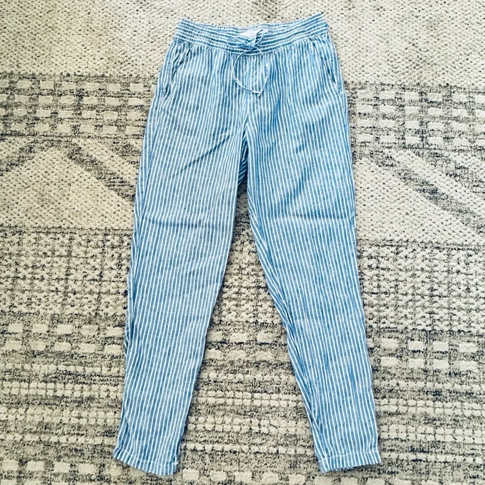 Women’s Size 4 Blue/White Stripe Linen Pull On Taper Leg Trousers